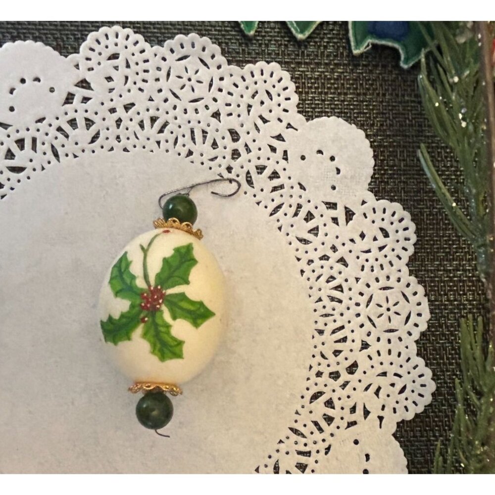 Vintage Hand Painted Small Egg Ornament Poinsettia Holly Green Beads